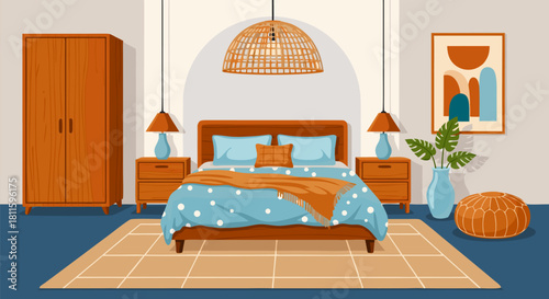 Bohemian Bedroom Interior Design with Wooden Wardrobe, Bed and Beige Woven Lighting