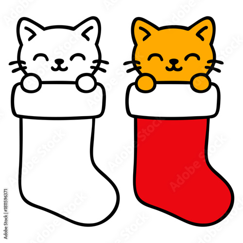 Dibujo sencillo con líneas de gatito simpático asomando en calcetín de Santa Claus para tarjetas y felicitaciones de Navidad