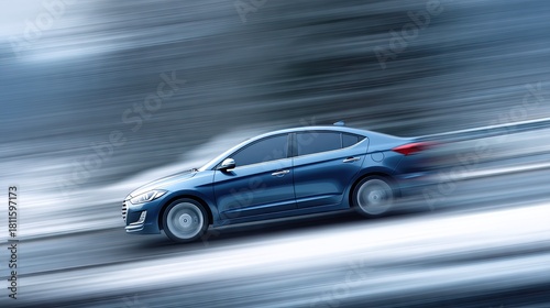 Sleek Blue Sedan in Motion on Snowy Road Captures the Essence of Winter Driving Experience