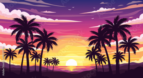 Stunning tropical evening scenery with a radiant sun descending into the ocean, framed by silhouetted palm trees creating an idyllic paradise