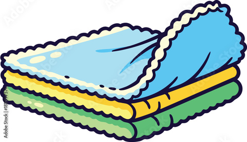 Stack Of Folded Clothes Blue Yellow And Green With White Trim Fabric Stacked Neatly Isolated On White Background Simple Cartoon Style