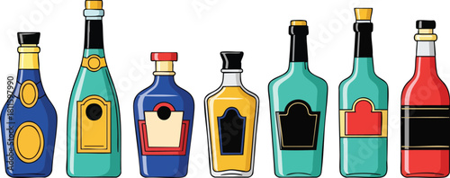 Collection of Various Liquor Bottles in Pixel Art Style on White Background