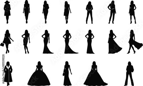 Large set of twenty fashionable woman silhouettes wearing evening gowns, casual clothes, and winter coats isolated on white background, black vector illustration collection for design