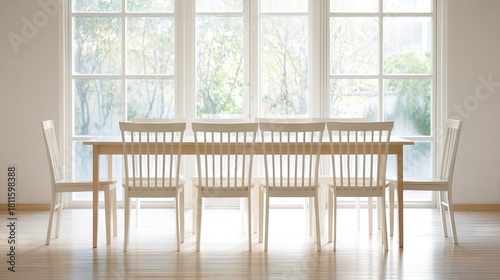 Bright and Spacious Dining Room with White Wooden Table and Chairs Against a Sunny Window Background