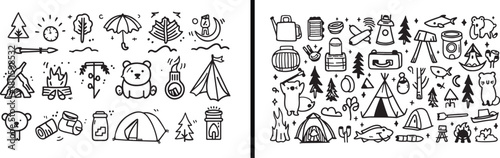 Camping Line Art, Outdoor Sketch Icons, Camping Equipment Illustration, Tent and Backpack Drawing, Hiking Outline Art, Travel Adventure Icons, Minimal Camping Design, Tourist Line Drawing, Nature Sket