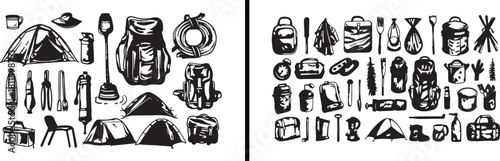Camping Line Art, Outdoor Sketch Icons, Camping Equipment Illustration, Tent and Backpack Drawing, Hiking Outline Art, Travel Adventure Icons, Minimal Camping Design, Tourist Line Drawing, Nature Sket