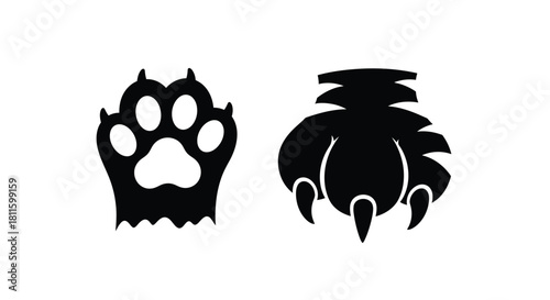 Black silhouettes of a paw print and a claw simple graphic design