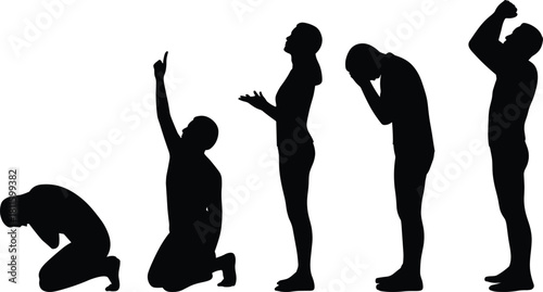 Set of five emotional human silhouettes showing stages of prayer, despair, worship, and sorrow isolated on white background, vector illustration for religious or mental health concept