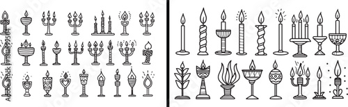 Candle Line Art, Lamp Outline Design, Vintage Candle Illustration, Decorative Light Drawing, Hand Drawn Candle Vector, Minimal Flame Art, Candle Holder Sketch, Festive Lamp Illustration, Black and Whi