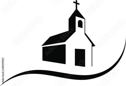 Minimalist black silhouette of a small Christian church building with a cross on the steeple, isolated on white background, religious vector illustration for logo or community symbol