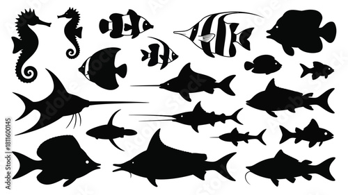 Collection of diverse ocean fish silhouettes.