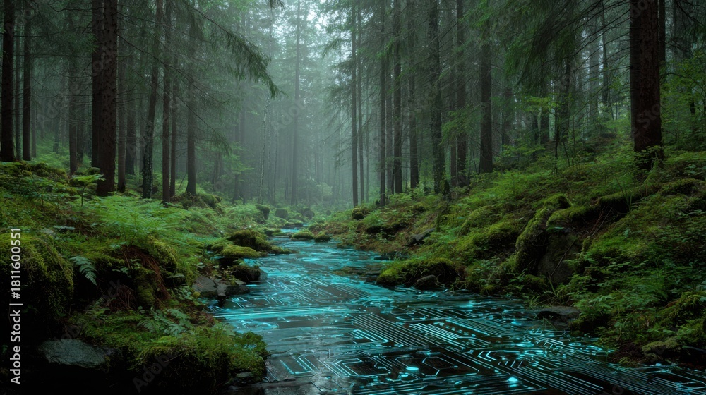 Obraz premium Forest stream circuit board technology landscape wallpaper