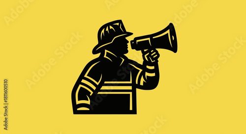 Stylized icon of a brave firefighter issuing an urgent public safety announcement through a megaphone, symbolizing emergency communication and community alerts