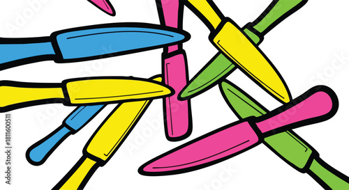 Array Of Colorful Knives Scattered On A White Background With Various Angles