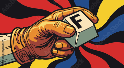 Hand holding a keyboard key with the letter F, colorful illustration