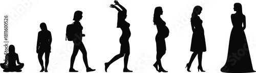 Evolution of female life cycle showing stages of aging from child to student, pregnant mother, and elderly woman, black silhouette vector illustration set isolated on white background