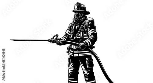 Monochrome illustration of a courageous firefighter in full protective gear, standing ready with a fire hose to combat a blaze and save lives