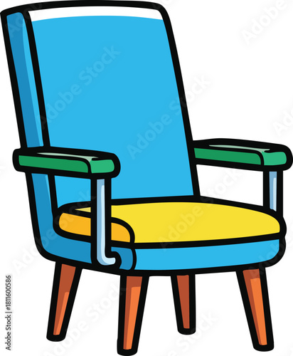 Retro Blue Armchair With Yellow Seat And Green Arm Rests On Wooden Legs