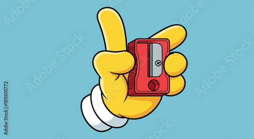 Illustration of a Pencil Sharpener Held by a Cartoon Hand Against a Blue Background