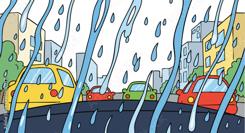 Street Scene With Cars And Tall Buildings In Heavy Rain And Water Droplets Falling On The Road