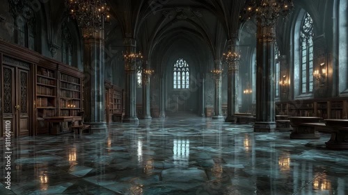 Gothic library interior with dramatic lighting