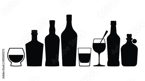 Alcoholic drink bottles and glasses icon set