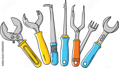 Assortment Of Hand Tools With Colored Handles On A White Background