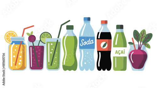 Assorted colorful beverages flat illustration