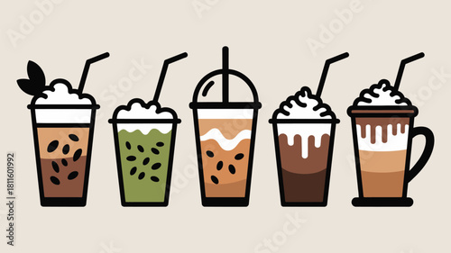 Assorted cold coffee and boba tea drinks