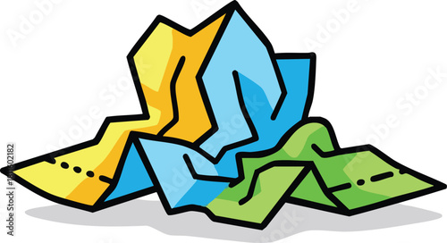 Crushed Multicolored Paper Map With Yellow Blue And Green Sections Isolated On White