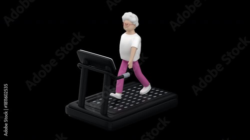 Senior woman walking on a treadmill. Mature female character with grey hair exercising on a treadmill, 3d render with alpha channel.