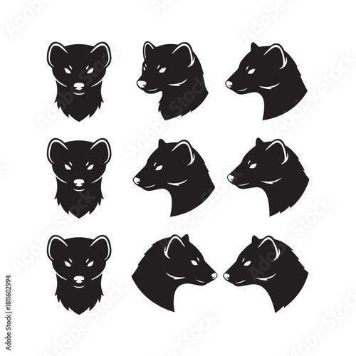 wild animal face silhouette set, exotic animal faces black silhouette, marten face silhouette illustration, porcupine face silhouette vector, armadillo face silhouette design, meerkat face silhouette 
