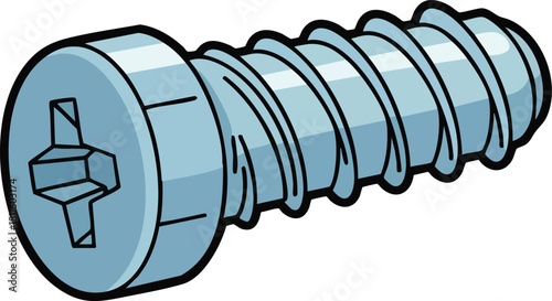 Single Metal Screw With Cross Slot Head and Spiral Threads Isolated on White Background