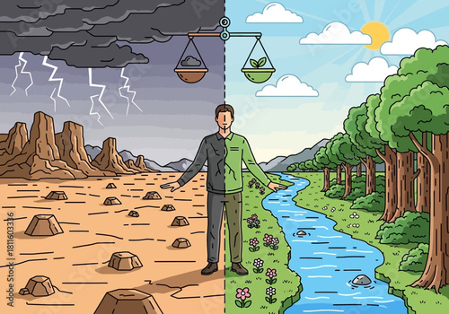 Illustrated man stands between a barren desert and a lush green landscape with scales balancing ecology, concept for environmental awareness, climate change solutions and sustainable development goals