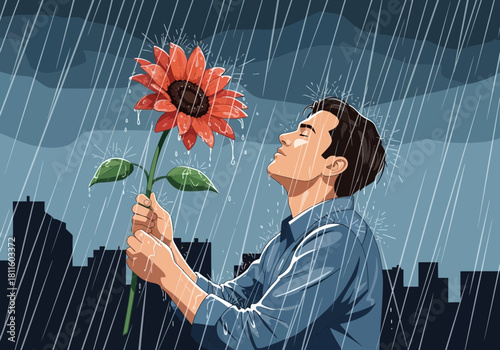 Man holds a large sunflower, face tilted up, enjoying the rain in the city background. Concept for emotional wellness, finding joy in simple things and resilience