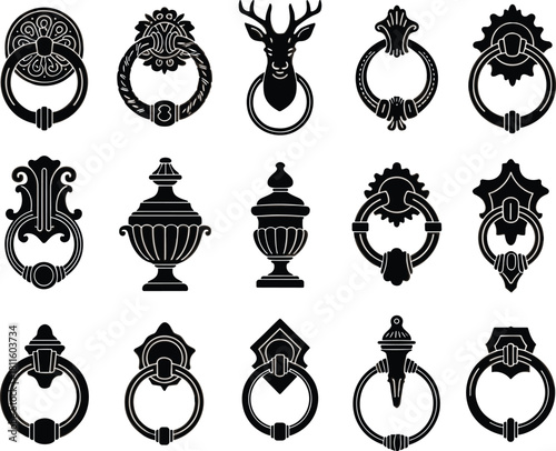 Collection of fifteen vintage black door knocker silhouettes, antique metal handles, and decorative architectural elements isolated on white background for vector design