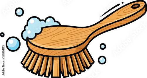 A Wooden Scrub Brush With Light Blue Bristles Covered In Soap Bubbles And Water Droplets Isolated On White Background