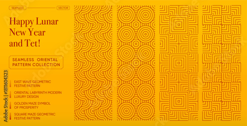 Tet and Lunar New Year Seamless Oriental Pattern Collection. Golden maze, circle, and wave line textures for prosperity, Tet celebration and elegant Lunar New Year geometric design patterns