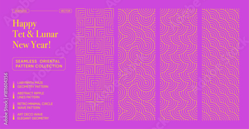 Luxury Tet and Lunar New Year Seamless Oriental Pattern Set. Pink and gold geometric wave pattern motif, maze, and circle line designs for elegant Asian Tet and Lunar New Year festive backgrounds
