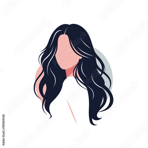 Modern abstract portrait of a beautiful woman with voluminous, healthy dark hair, isolated on white background