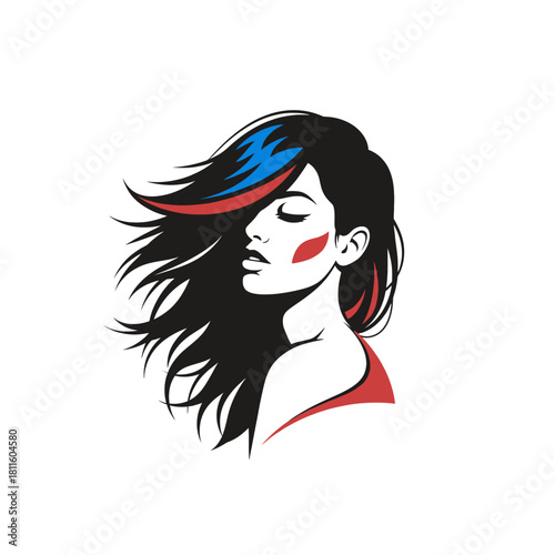 Captivating illustration of a woman with vibrant, wind-swept hair, embodying artistic expression and serene strength in a dynamic portrait