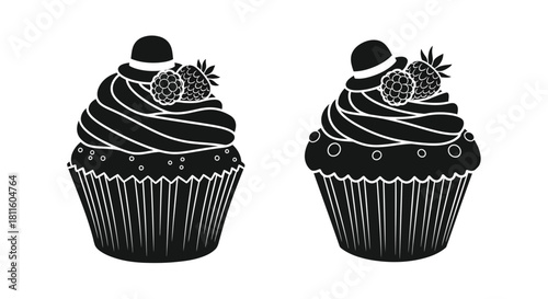 Two black and white illustrations of decorated cupcakes with fruit toppings