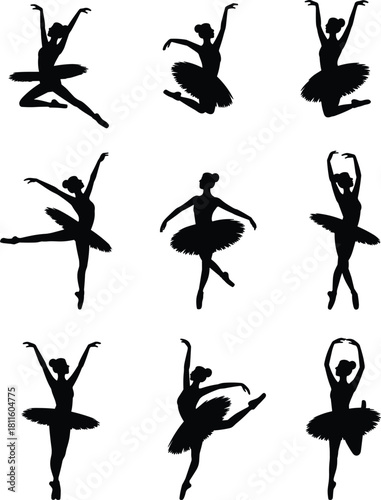 Collection of black ballerina silhouettes, ballet dancer poses, female dancing figures, tutu costume icons, vector illustration, isolated on white background
