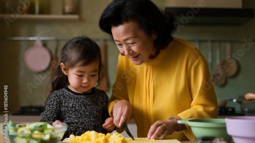 In a cozy kitchen, a happy grandmother and her niece bond while preparing a meal. They laugh and work together, creating cherished memories through cooking