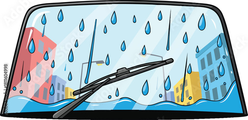 Car Windshield View During Heavy Rainstorm With City Buildings Reflected On Wet Glass