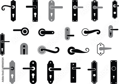 Collection of door handle silhouettes, vector doorknob icons, vintage and modern hardware, lock mechanism set, interior design elements, isolated background
