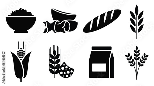 Grain, cereal, and food products icon set.