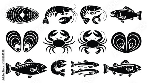 Diverse seafood black and white icons set