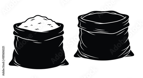 Two black sacks one full of white powder and one empty illustration