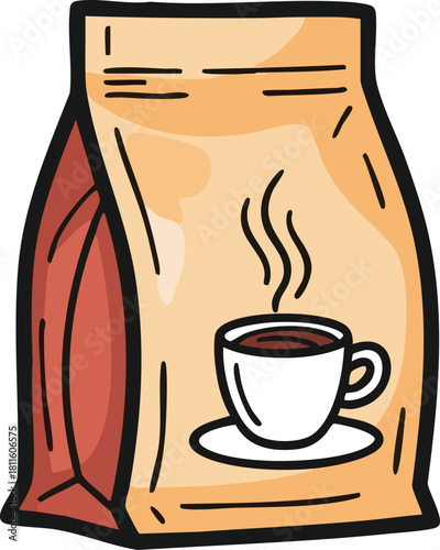 Illustration of a Bag of Coffee Beans with a Steaming Cup and Saucer on a Plain Background